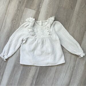 Mango Cotton Gauze Embroidered Ruffle Long Sleeve Top White (size 6y)